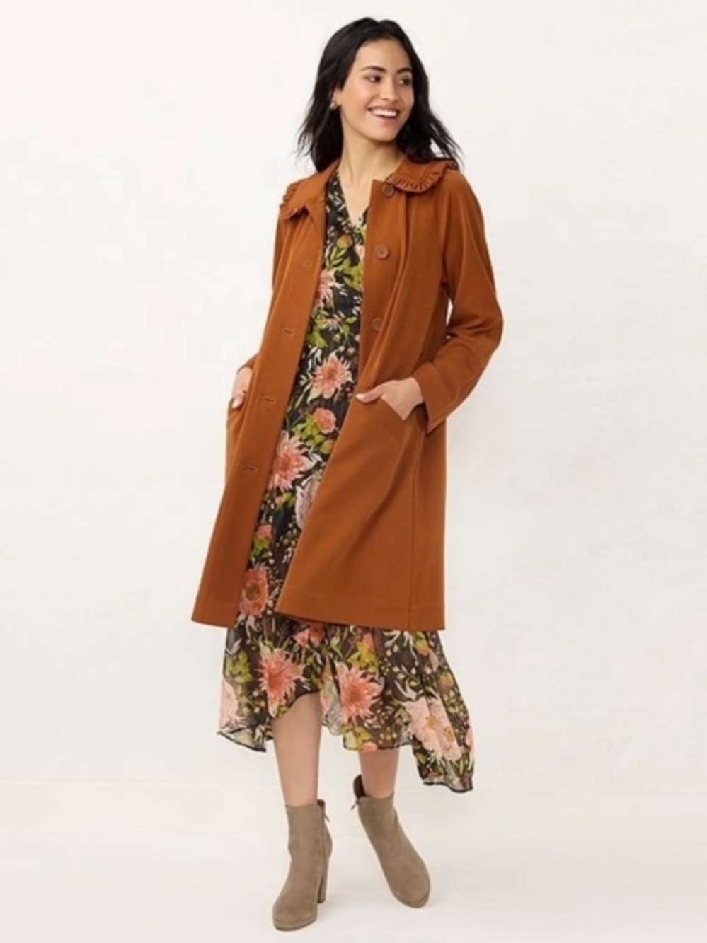 LC Lauren Conrad Rust Single-Breasted Trench Coat with Ruffled Collar
